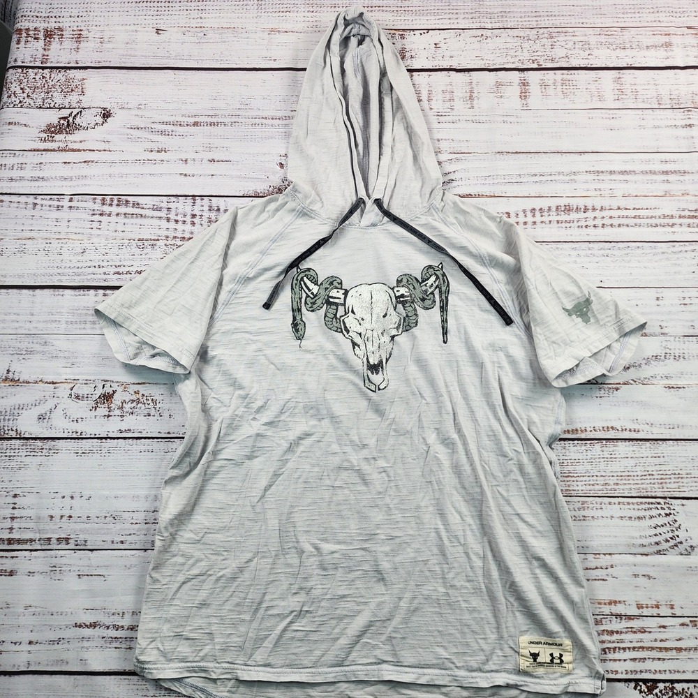 Under Armour Project Rock Short Sleeve Hoodie Men Large Gray Bull Skull Snake